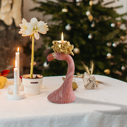 Pink Flamingo Candle Holder – Elegant Tropical Table Decor with Gold Accents for Weddings and Holiday Displays