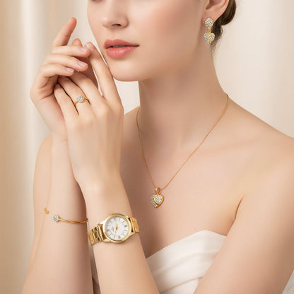Women’s Watch & Jewelry Gift Set – 6-Piece Golden Quartz Watch with Rhinestone Bracelet, Necklace, Earrings & Ring