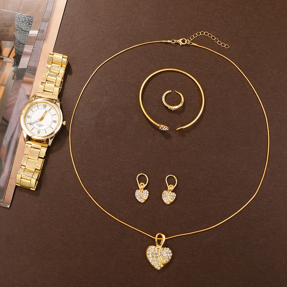 Women’s Watch & Jewelry Gift Set – 6-Piece Golden Quartz Watch with Rhinestone Bracelet, Necklace, Earrings & Ring