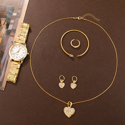 Women’s Watch & Jewelry Gift Set – 6-Piece Golden Quartz Watch with Rhinestone Bracelet, Necklace, Earrings & Ring