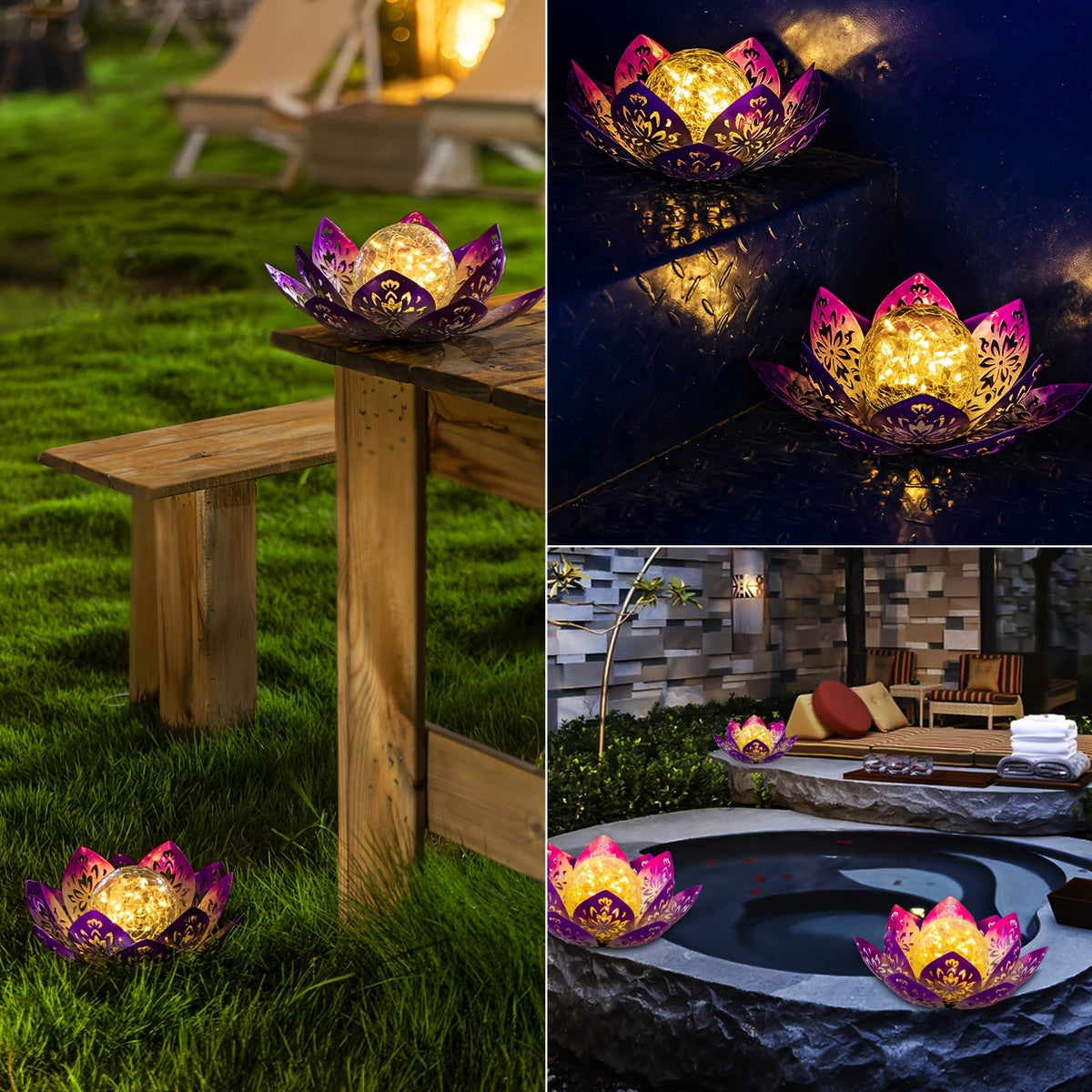 Solar Lotus Step Lights – Hollow Purple LED Garden Lamps with Cracked Glass Globe for Outdoor Patio, Porch, Lawn, Path & Staircase Decorative Lighting