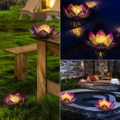 Solar Lotus Step Lights – Hollow Purple LED Garden Lamps with Cracked Glass Globe for Outdoor Patio, Porch, Lawn, Path & Staircase Decorative Lighting