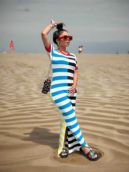 Chic Short SleeveStriped Dress – Round Neck, Polyester-Spandex Blend for Spring and Summer Casual Comfort, Machine Washable