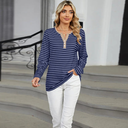 Color Block V-Neck T-Shirt – Loose Long-Sleeved Top for Cross-Border Fashion with a Bold Twist