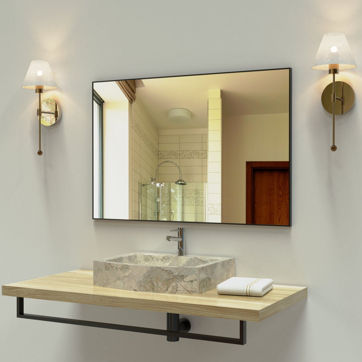 Modern Bathroom Mirror with Storage Rack Rectangular Mirror Bathroom Living Room Bedroom Hanging Mirror (40x30 Inch)