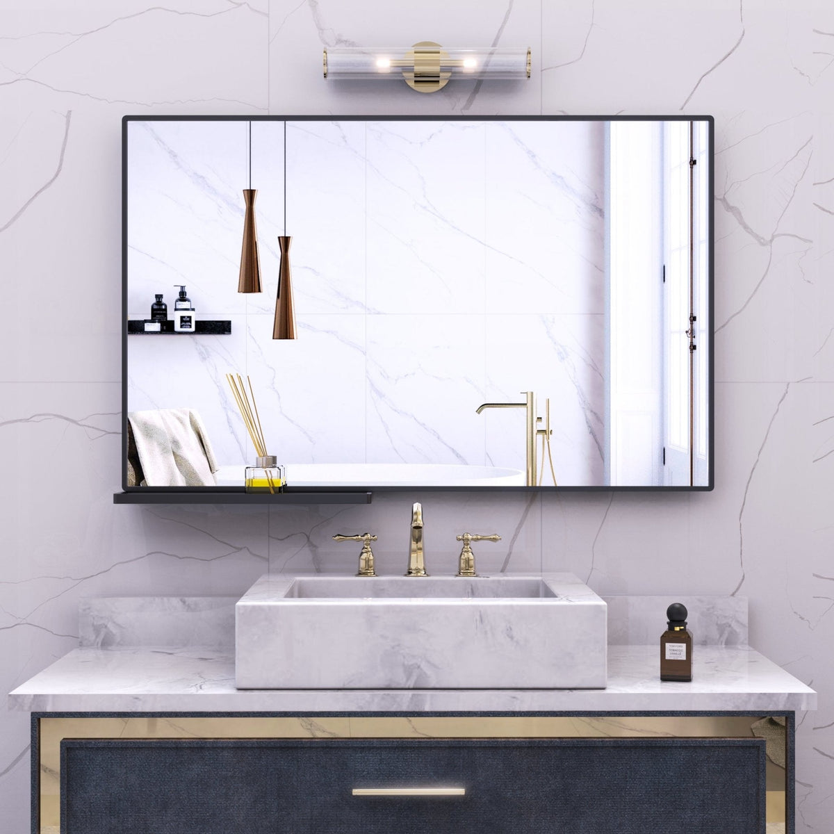 Modern Bathroom Mirror with Storage Rack Rectangular Mirror Bathroom Living Room Bedroom Hanging Mirror (40x30 Inch)