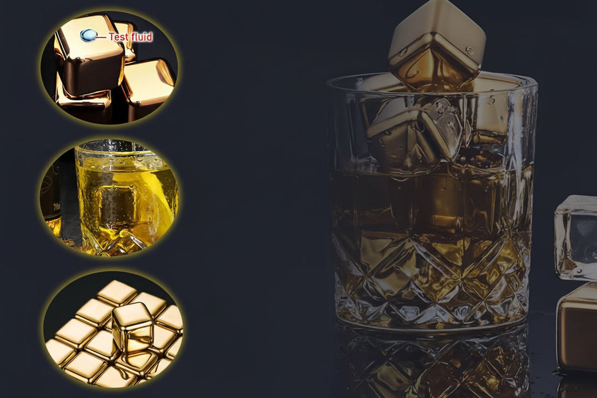 Golden Stainless Steel Whiskey Stones Set – Reusable Metal Ice Cubes with Tongs for Bourbon, Cocktail & Bar Gifts