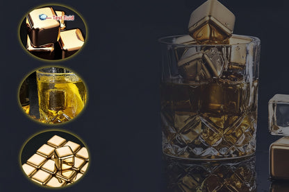 Golden Stainless Steel Whiskey Stones Set – Reusable Metal Ice Cubes with Tongs for Bourbon, Cocktail & Bar Gifts