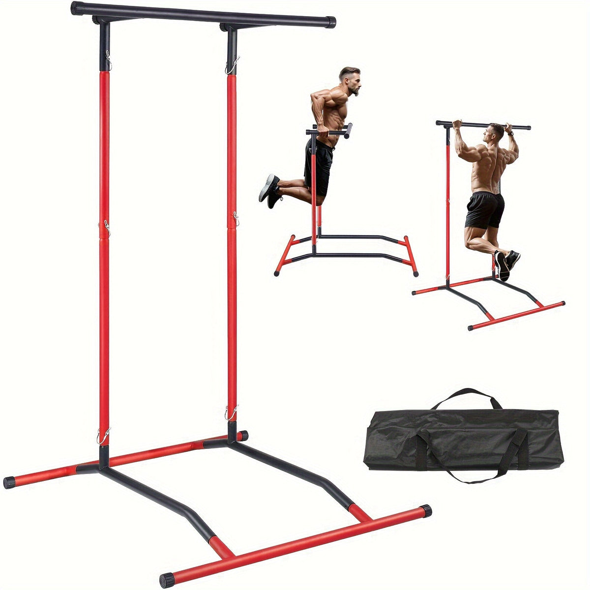 Power Tower Dip Station – 2-Level Adjustable Pull-Up Bar, Home Gym Strength Training, 220LBS Capacity, Black & Red Fitness Frame