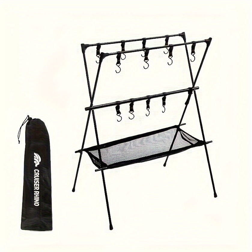Portable Camping Gear Organizer Rack – Black Aluminum Alloy Frame with Hanging Hooks and Lantern Holder, Easy Setup for Campsites