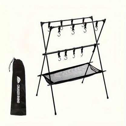 Portable Camping Gear Organizer Rack – Black Aluminum Alloy Frame with Hanging Hooks and Lantern Holder, Easy Setup for Campsites