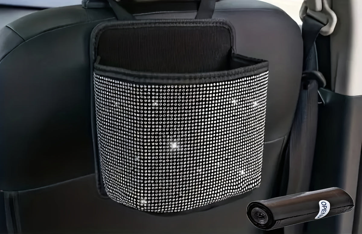 Rhinestone Car Trash Can Set – 2-Piece  Sparkling Hanging Auto Garbage Bin with Trash Bags for Car Interior Storage & Organization