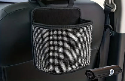 Rhinestone Car Trash Can Set – 2-Piece  Sparkling Hanging Auto Garbage Bin with Trash Bags for Car Interior Storage & Organization