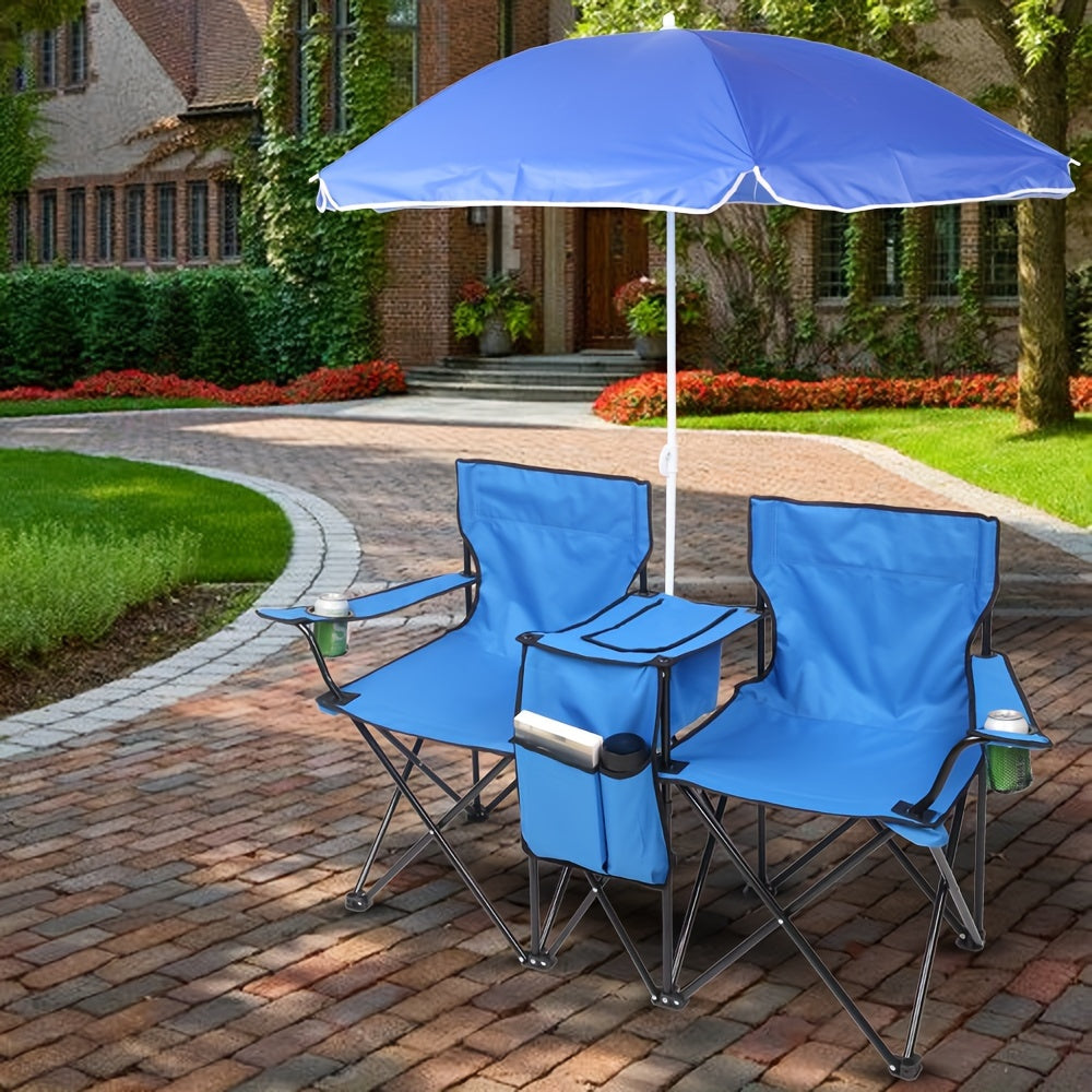 Two Seaters Beach Chair with Umbrella and Side Bag – Portable All-in-One Seat with Sunshade, Ultimate Comfort for Outdoor Adventures, Picnics, and Angler's Relaxation