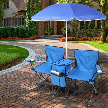 Two Seaters Beach Chair with Umbrella and Side Bag – Portable All-in-One Seat with Sunshade, Ultimate Comfort for Outdoor Adventures, Picnics, and Angler's Relaxation