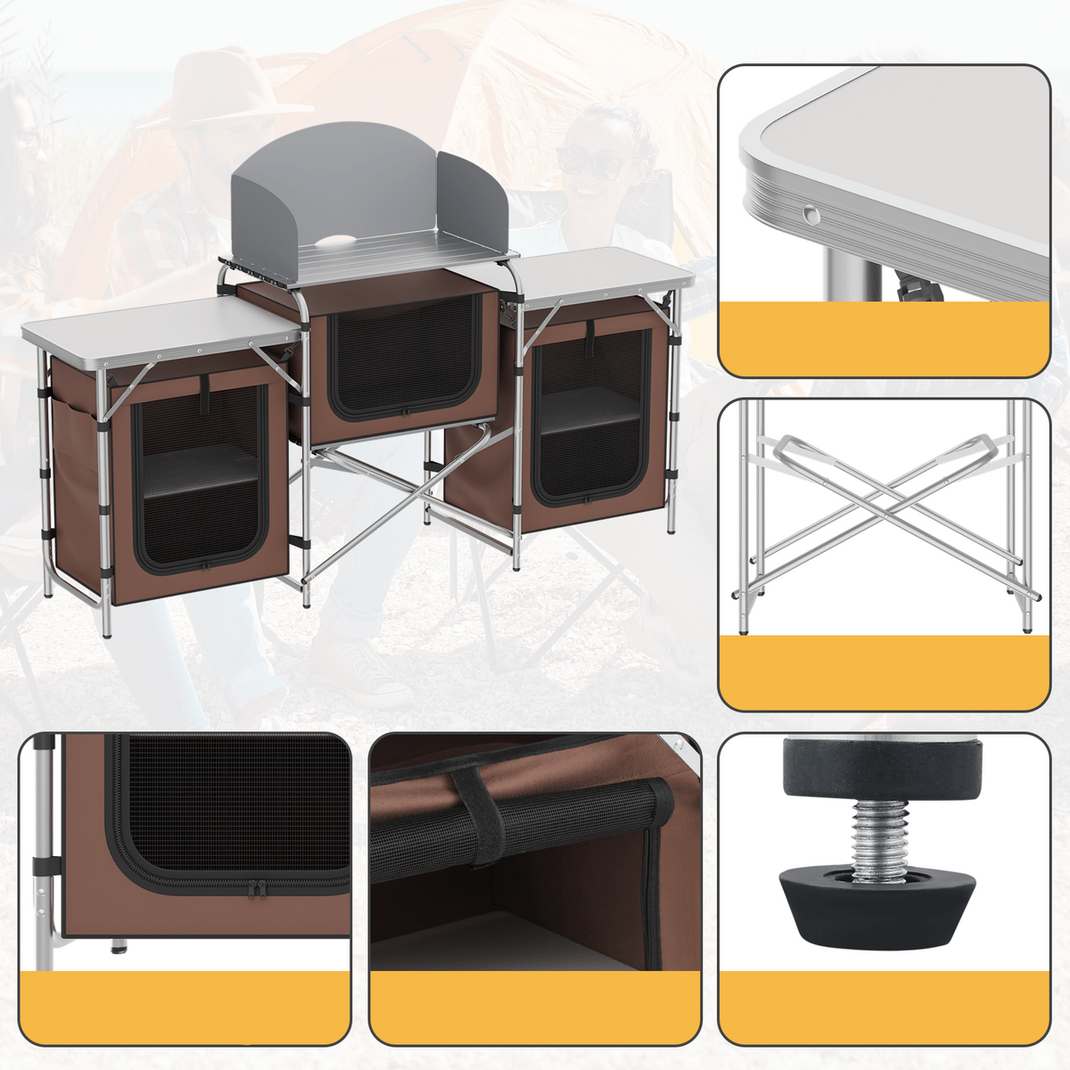 Portable Folding Camping Table – Outdoor Kitchen Grill Table with Storage Organizer, Windscreen & Carry Bag