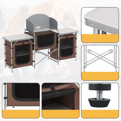 Portable Folding Camping Table – Outdoor Kitchen Grill Table with Storage Organizer, Windscreen & Carry Bag
