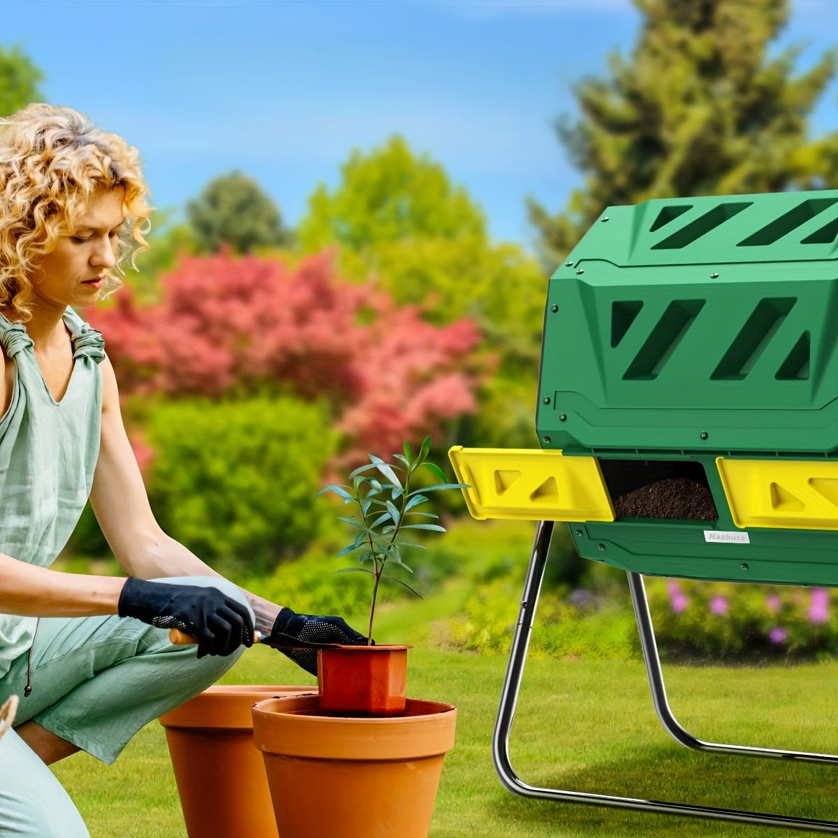 Dual Chamber Compost Tumbler Bin – 43-Gallon Efficient Rotating Waste Mixer with Gloves, Ideal for Eco-Friendly Gardening and Kitchen Recycling