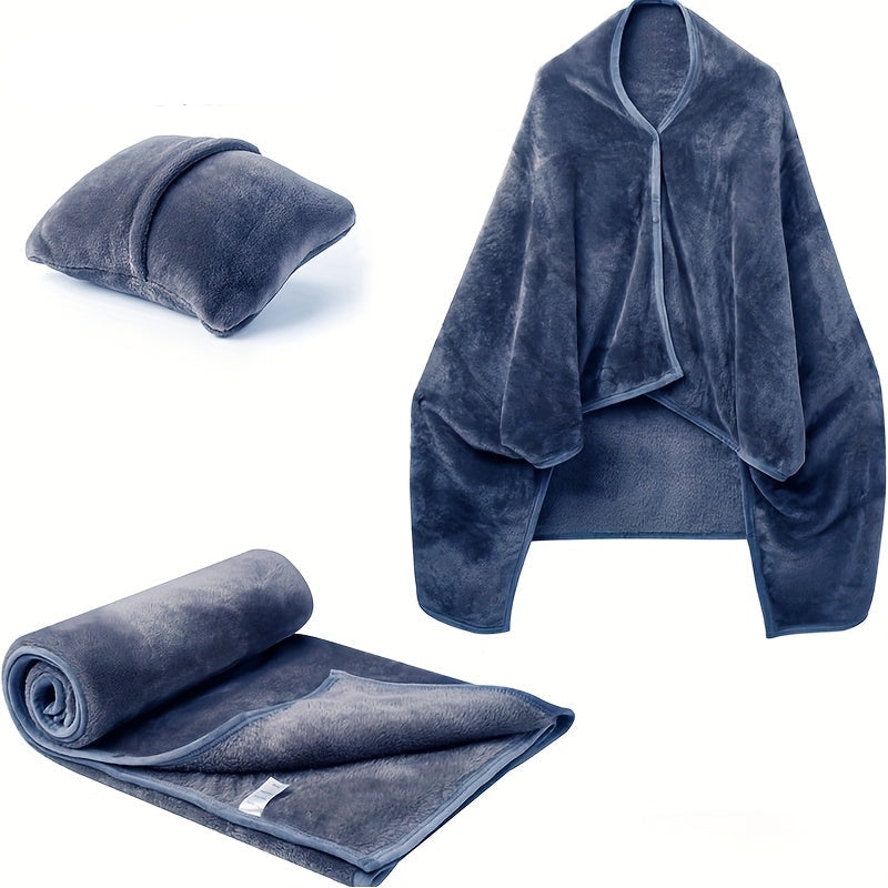 Wearable Flannel Shawl Blanket Pillow – 2-in-1 Travel Blanket with Sleeves & Button Closure for Office, Home & Flights