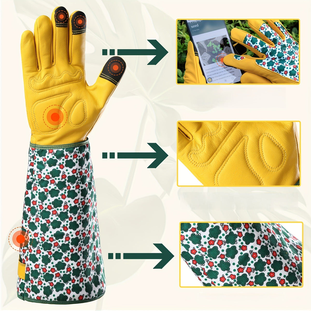 Women’s Gardening Gloves – Durable Green Floral Print Thorn-Proof Cowhide Gauntlet with Touchscreen Feature, Breathable Yard Work Accessory