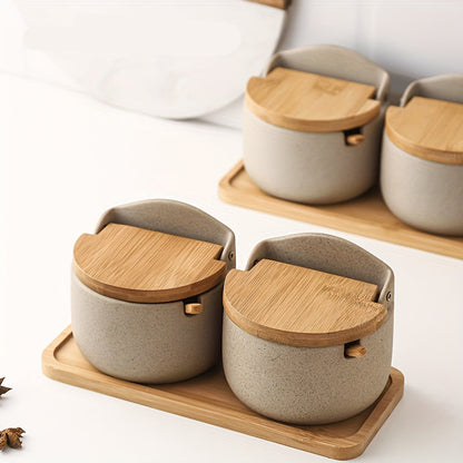 Japanese Ceramic Seasoning Jar Set – Elegant Salt and Sugar Containers with Bamboo Lids for Organized and Stylish Kitchen or Restaurant Use