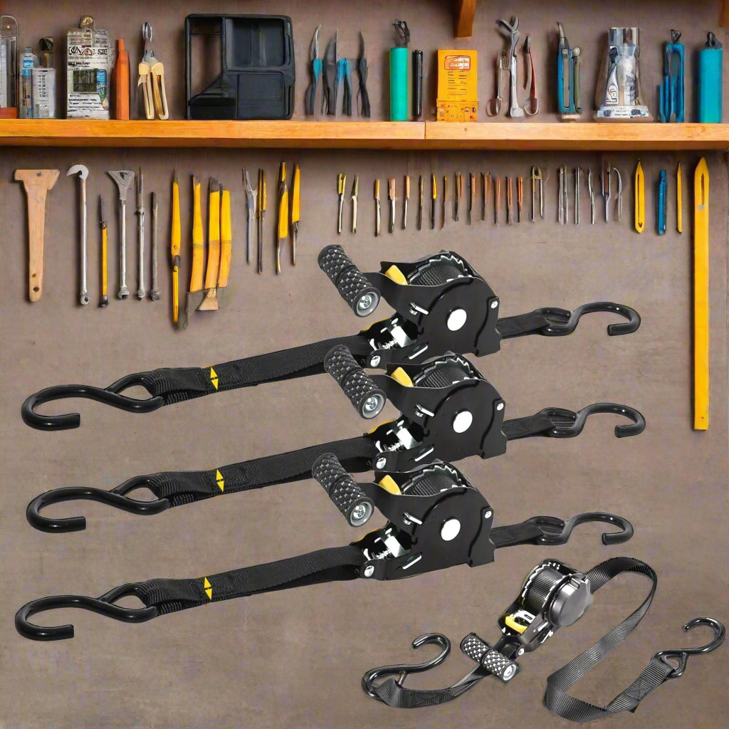 Ratchet Straps – 4-Pack 1500Lbs Heavy-Duty Retractable Tie-Downs with Padded Handles & Lock Mechanism for Cargo, Boats & Trailers