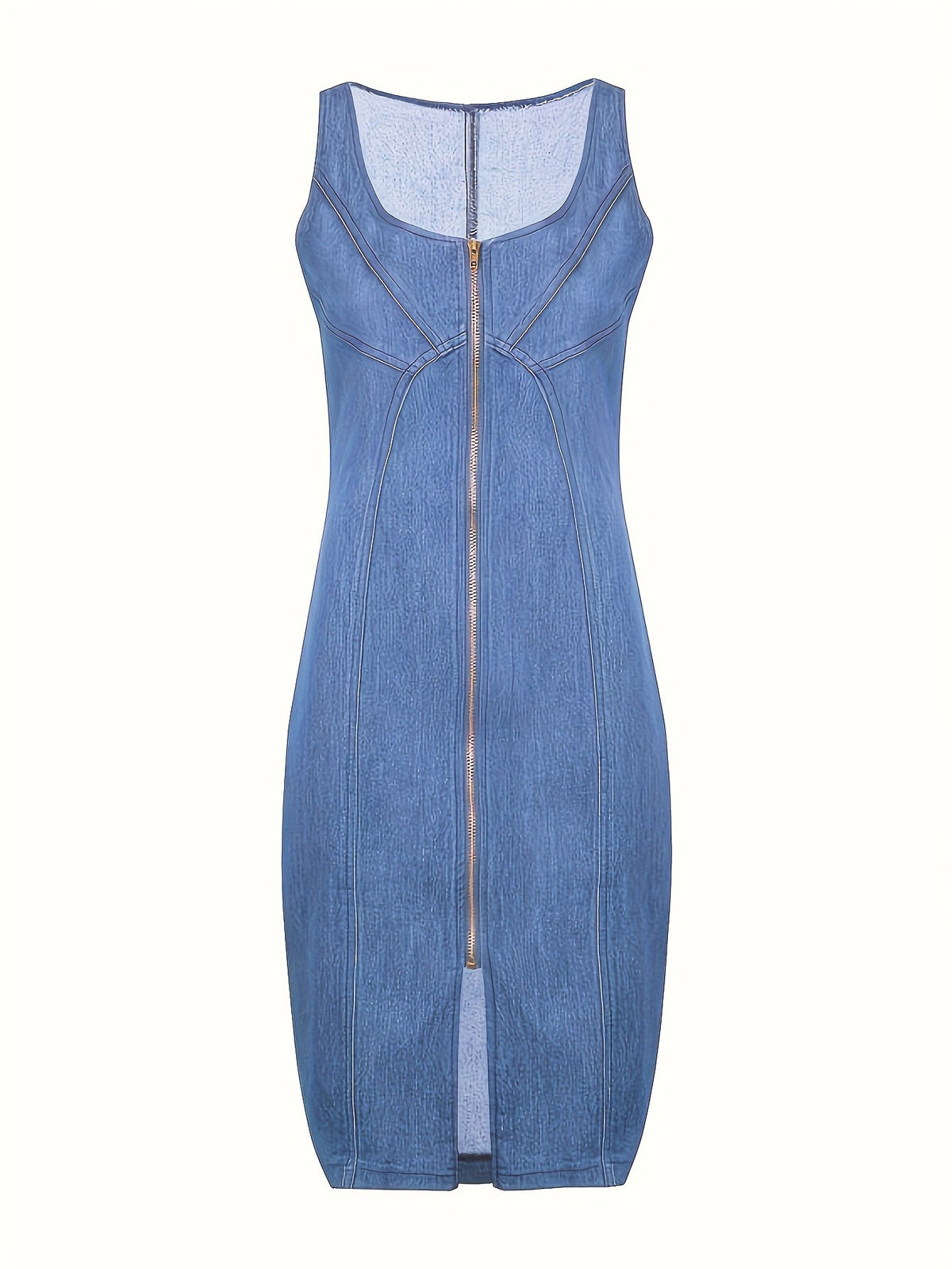 Women’s Sleeveless Denim Mini Dress – Tight Fit Zipper Front Vest Dress with Side Slit for Summer Casual Fashion