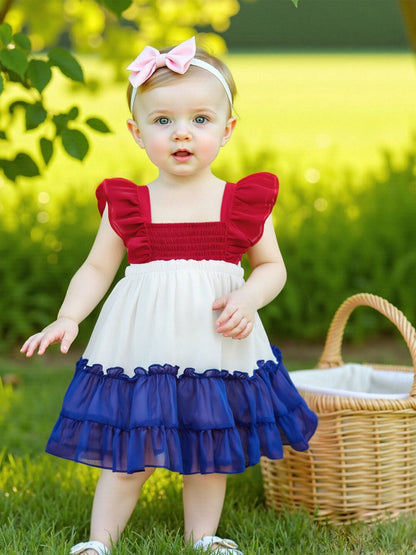 Girls’ A-Line Fly Sleeve 4th of July Dress – Contrast Color Casual Summer Dress for Independence Day Parties & Family Photos