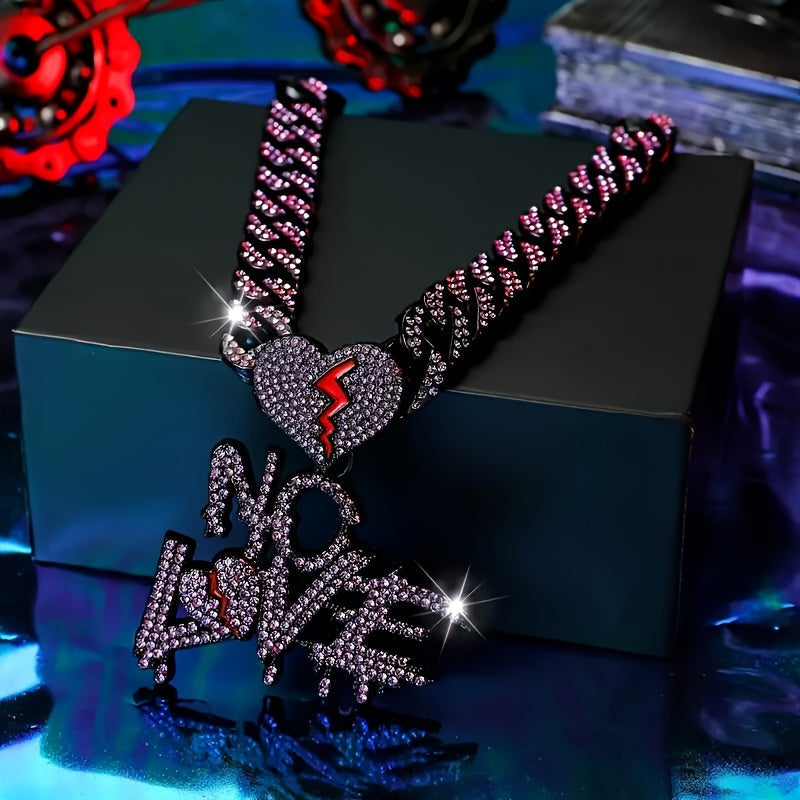 Shiny No Love Pendant Necklace – Iced Cuban Chain Hip Hop Jewelry for Men and Women Streetwear Style Gifts