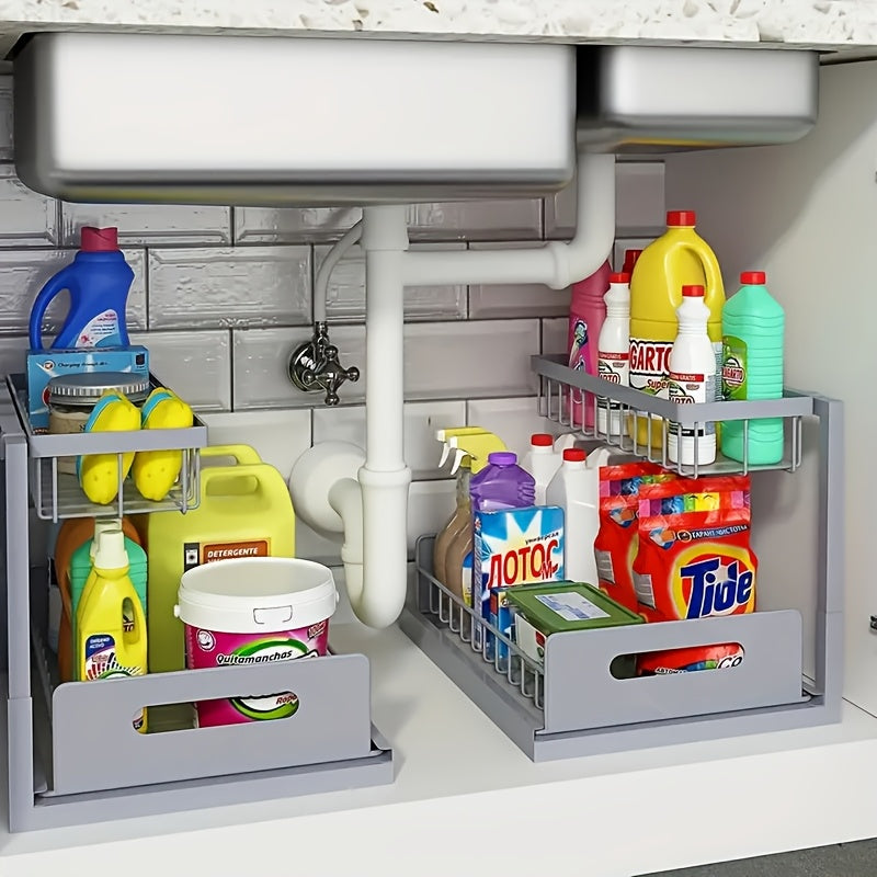 Two Tier Pull-Out Under Sink Organizer – Sliding Cabinet Shelf Storage for Kitchen or Bathroom, Space-Saving and Easy Access for Cleaning Supplies