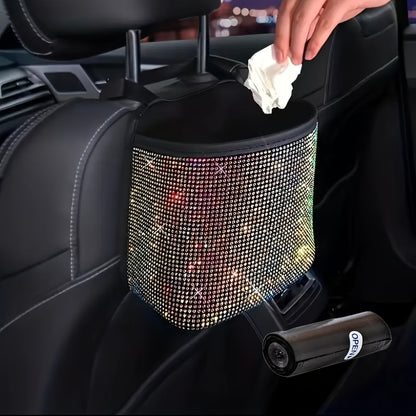 Rhinestone Car Trash Can Set – 2-Piece  Sparkling Hanging Auto Garbage Bin with Trash Bags for Car Interior Storage & Organization