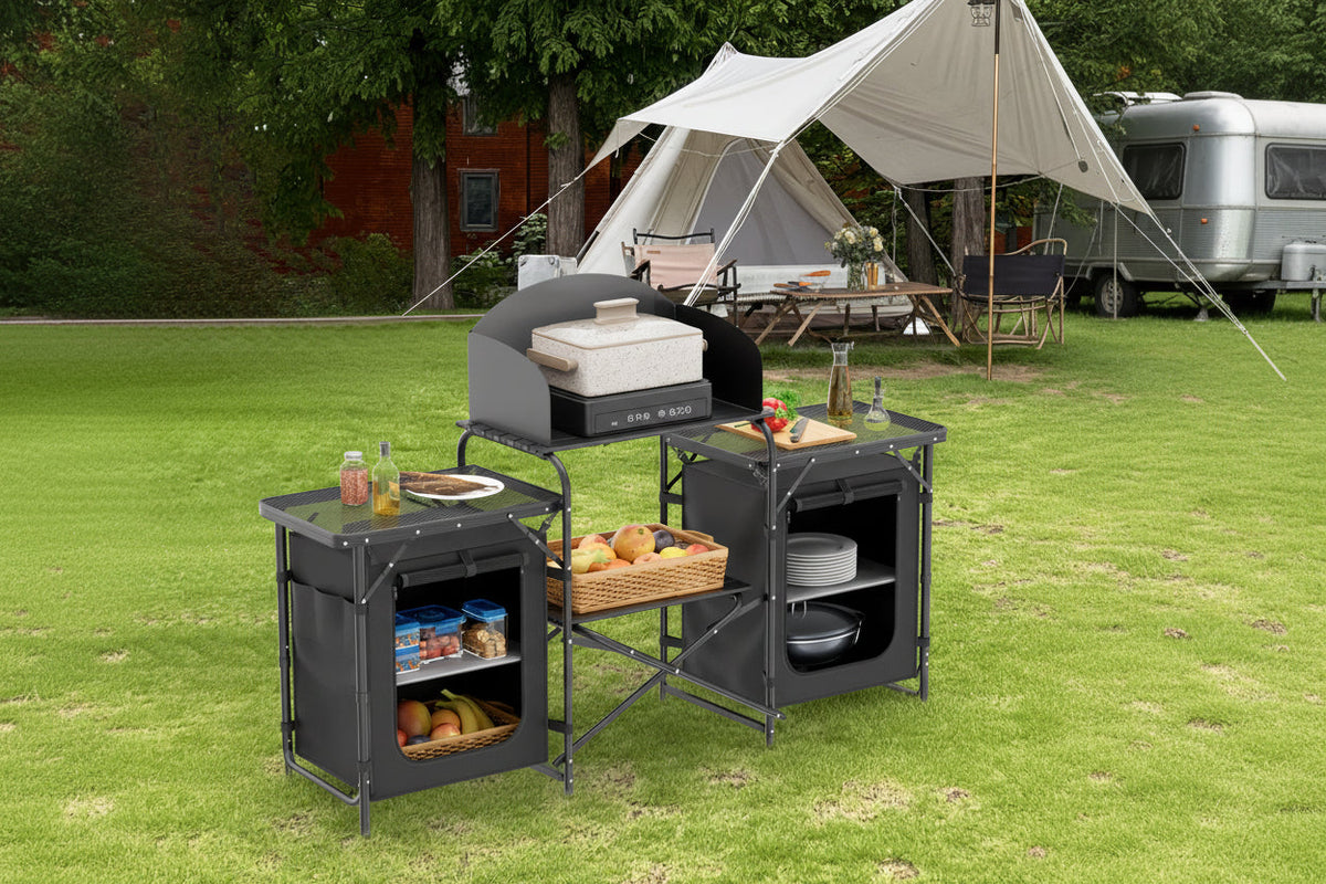 Portable Camping Cook Table - Folding, Compact, Windproof, with Storage & Organizer, Ideal for Outdoor Adventures