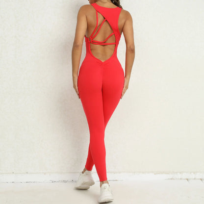Sporty Sleeveless Women’s Fitness Jumpsuit – V-Shaped Back Design Jumpsuit, Gym-Ready Overalls Set for Yoga, Running & Workout in Bold Colors