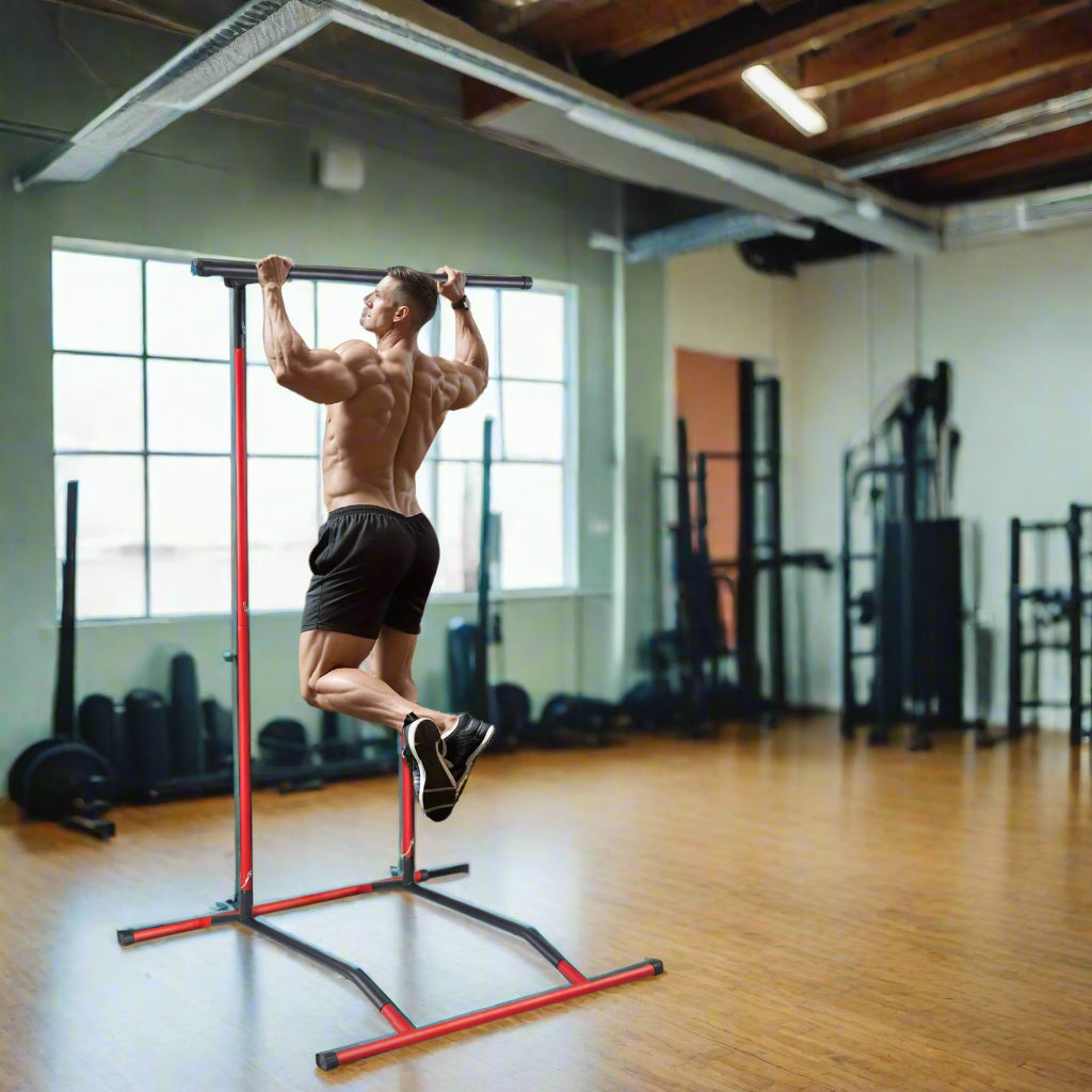 Power Tower Dip Station – 2-Level Adjustable Pull-Up Bar, Home Gym Strength Training, 220LBS Capacity, Black & Red Fitness Frame