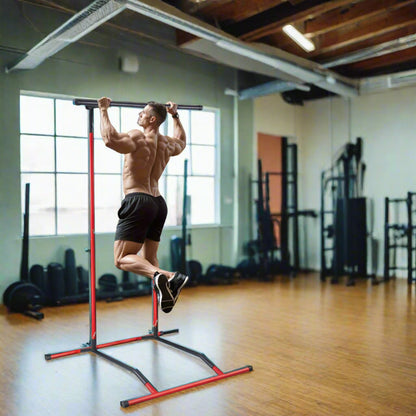 Power Tower Dip Station – 2-Level Adjustable Pull-Up Bar, Home Gym Strength Training, 220LBS Capacity, Black & Red Fitness Frame