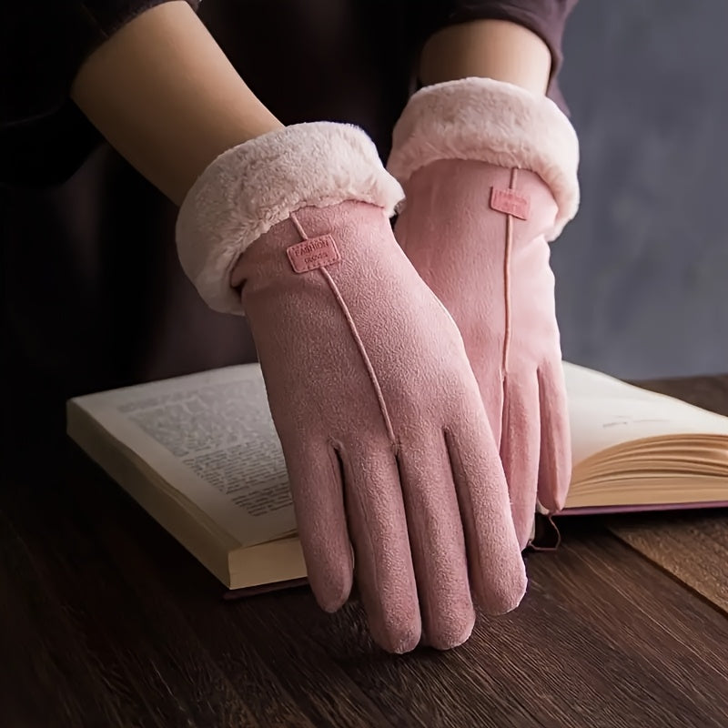 Women’s Plush Winter Gloves –  Pink Touch Screen Mittens with Full Finger Smart Design for Warm, Windproof, and Stylish Outdoor Wear