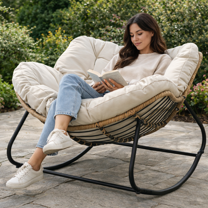 Oversized Outdoor Rocking Papasan Chair – Wicker Egg Lounge Chair with Thick Cushion for Patio and Backyard