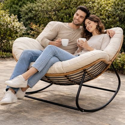 Oversized Outdoor Rocking Papasan Chair – Wicker Egg Lounge Chair with Thick Cushion for Patio and Backyard