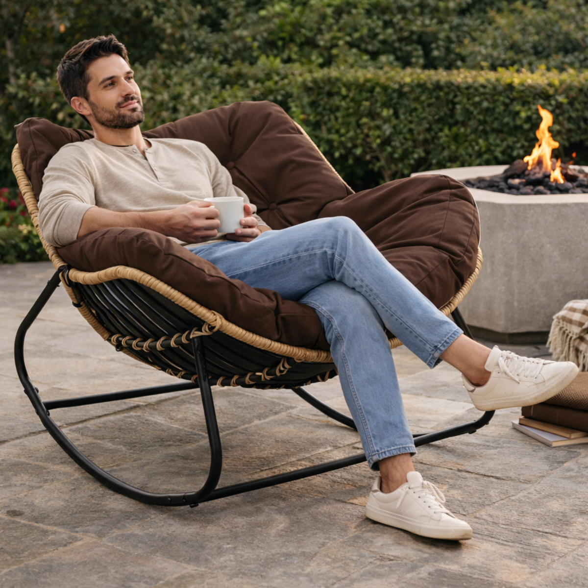 Oversized Outdoor Rocking Papasan Chair – Wicker Egg Lounge Chair with Thick Cushion for Patio and Backyard