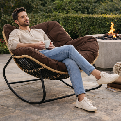Oversized Outdoor Rocking Papasan Chair – Wicker Egg Lounge Chair with Thick Cushion for Patio and Backyard