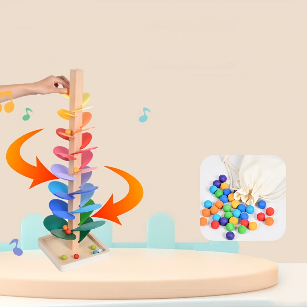Wooden Rainbow Petal Musical Tree – Creative Ball Run Toy Enhancing Kids’ Sensory Skills, Relaxation, and Color Learning Through Sound