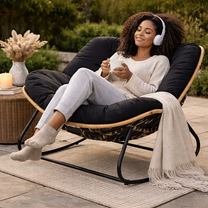 Oversized Outdoor Rocking Papasan Chair – Wicker Egg Lounge Chair with Thick Cushion for Patio and Backyard