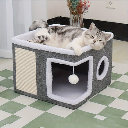 Multi-level Gray Cat Villa Bed – Soft Cave-Like Retreat with Scratch Post, Ideal for Resting, Hiding & Playing