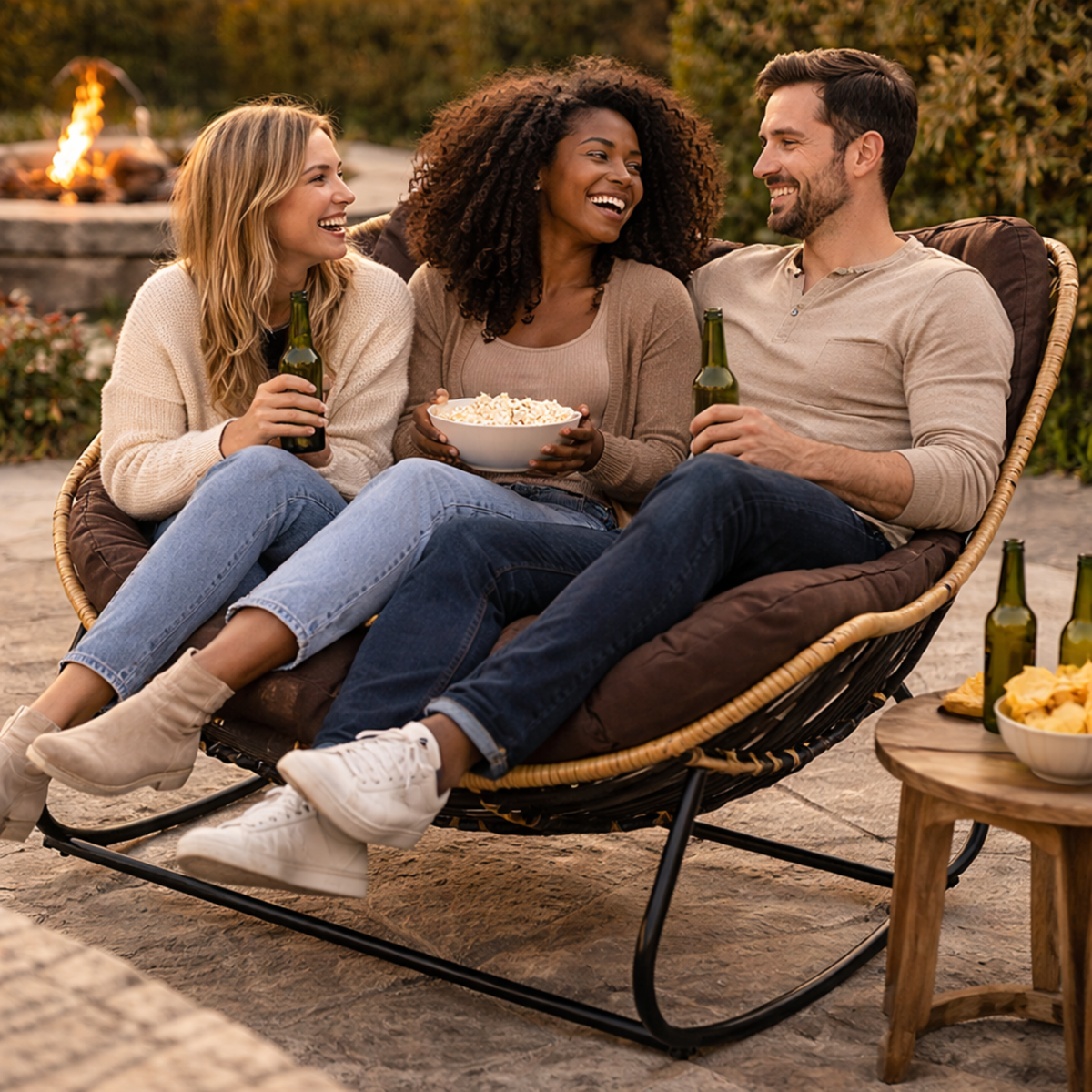 Oversized Outdoor Rocking Papasan Chair – Wicker Egg Lounge Chair with Thick Cushion for Patio and Backyard