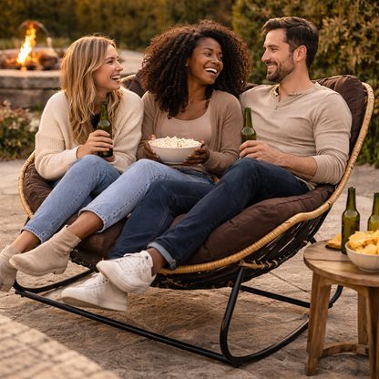 Oversized Outdoor Rocking Papasan Chair – Wicker Egg Lounge Chair with Thick Cushion for Patio and Backyard