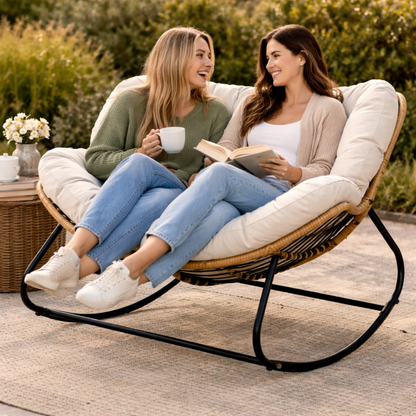 Oversized Outdoor Rocking Papasan Chair – Wicker Egg Lounge Chair with Thick Cushion for Patio and Backyard