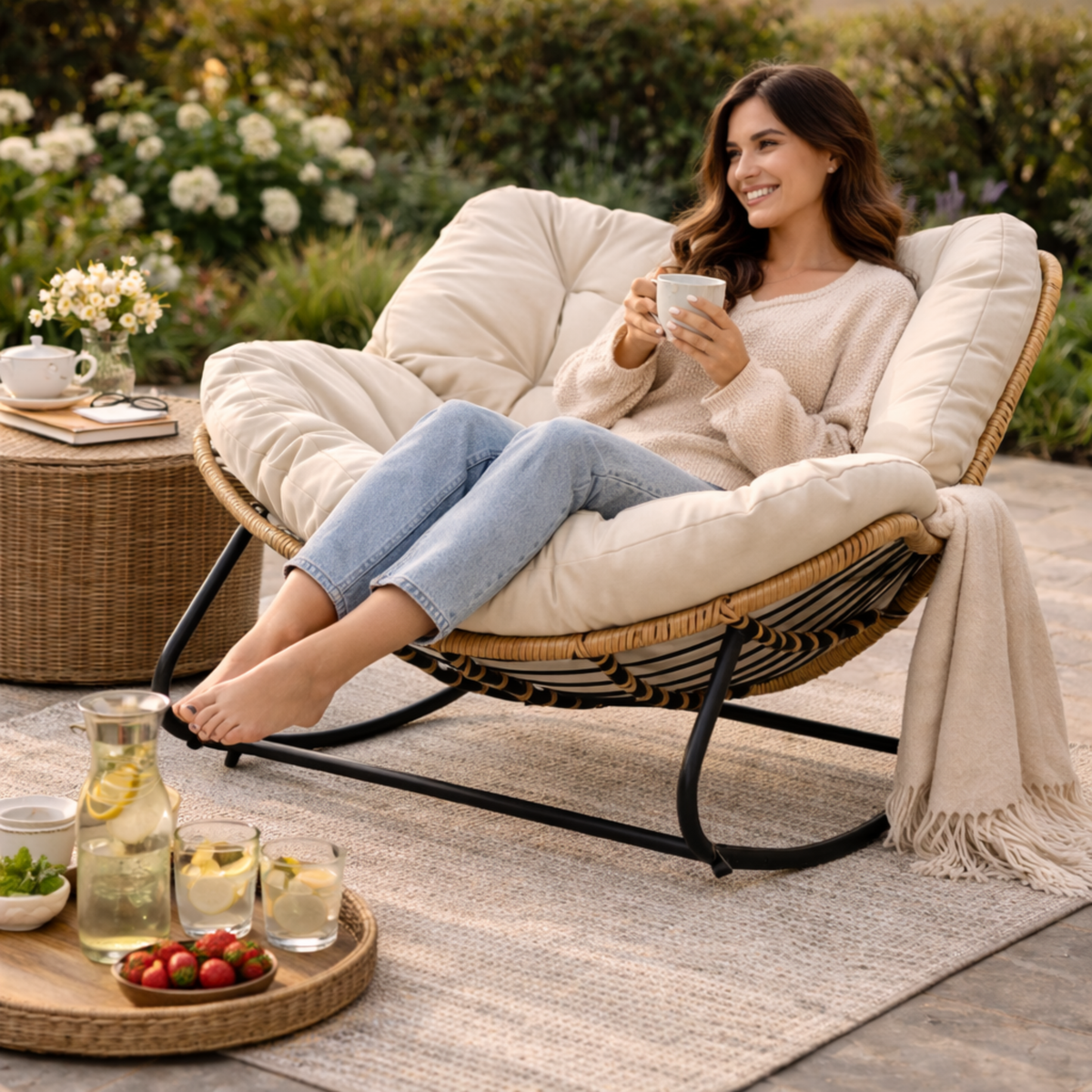 Oversized Outdoor Rocking Papasan Chair – Wicker Egg Lounge Chair with Thick Cushion for Patio and Backyard