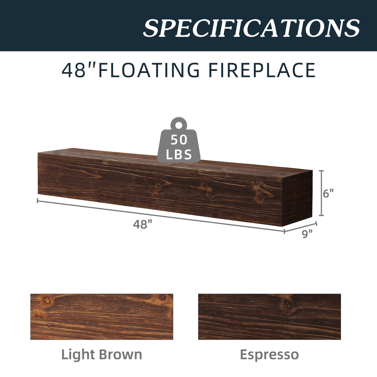 Rustic Wood Fireplace Mantel, Wall-Mounted & Floating Shelf for Home Decor (48")