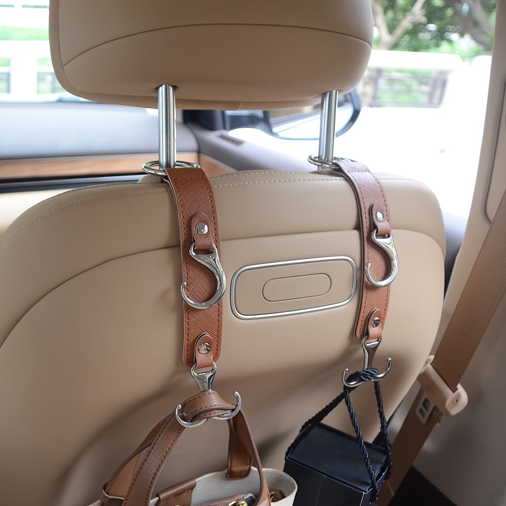 Faux Leather Car Seat Hooks – 2pcs Multi-Function Durable Headrest Hangers for Bags, Groceries, and Stylish Car Interior Organization