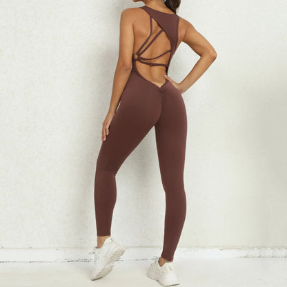 Sporty Sleeveless Women’s Fitness Jumpsuit – V-Shaped Back Design Jumpsuit, Gym-Ready Overalls Set for Yoga, Running & Workout in Bold Colors